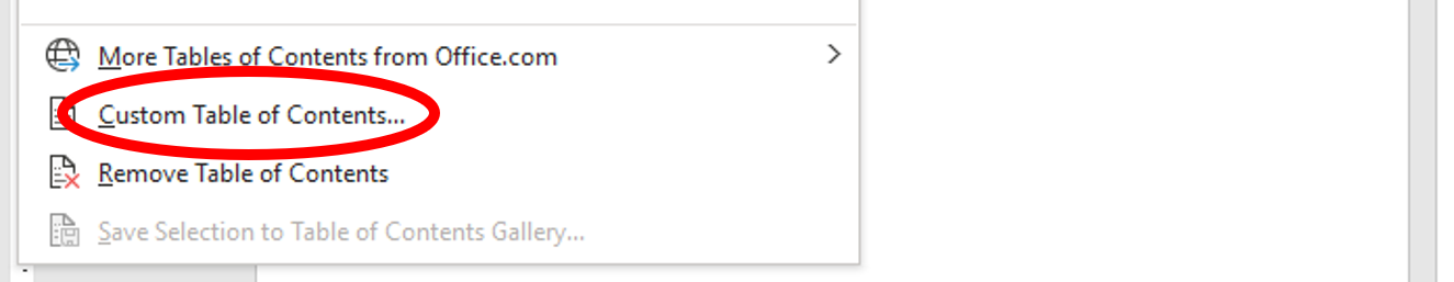 Select custom Table of Contents