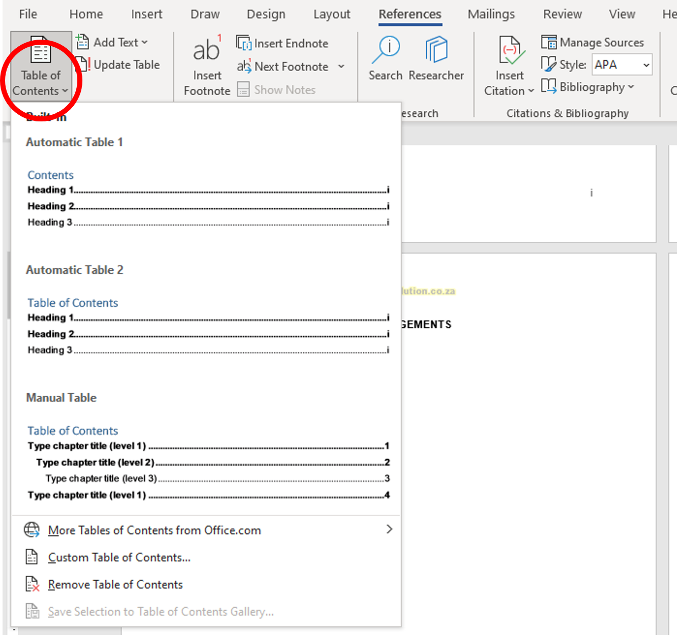 Select Table of Contents